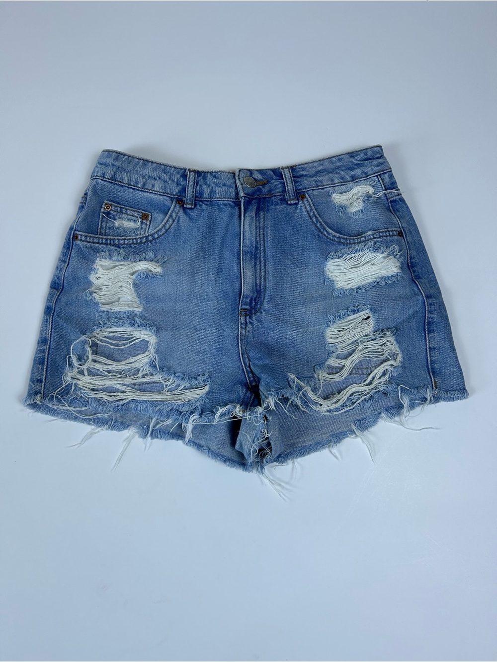 Topshop Moto Mom Denim Shorts Distressed Raw Hem Light Wash Women’s US 6